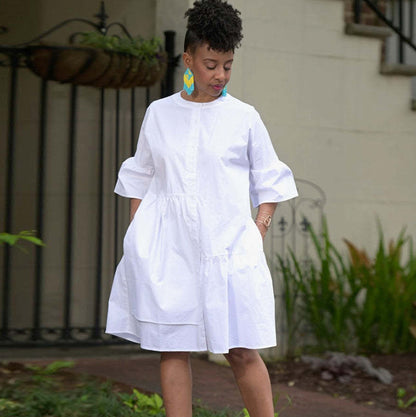 Spring And Summer Falre Sleeve Solid Color Women Casual Ruffled Dress