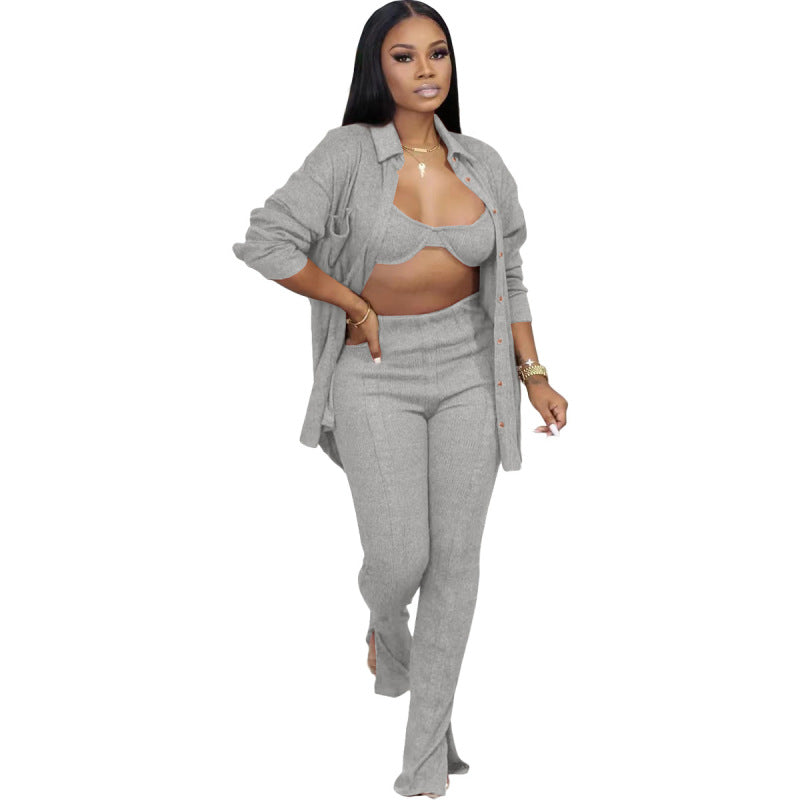 Conjunto informal de tres piezas para mujer: sujetador y camisa de manga larga con solapa y pantalón con abertura