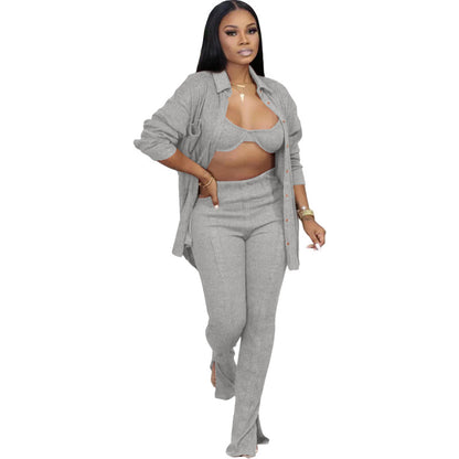 Conjunto informal de tres piezas para mujer: sujetador y camisa de manga larga con solapa y pantalón con abertura