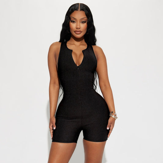 Women'S Fashion Casual Rib-Knit Sleeveless Sport Zipper Romper