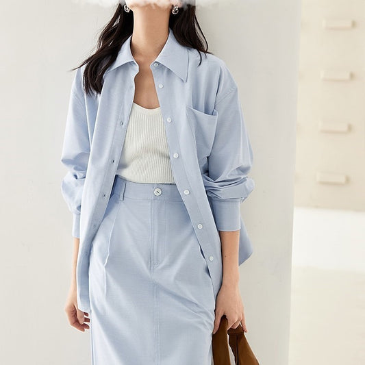 Camisa de manga larga casual de moda para mujer, top y falda