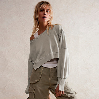 Sudadera corta informal de manga larga con cuello redondo y color liso para mujer