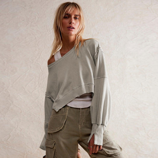 Sudadera corta informal de manga larga con cuello redondo y color liso para mujer