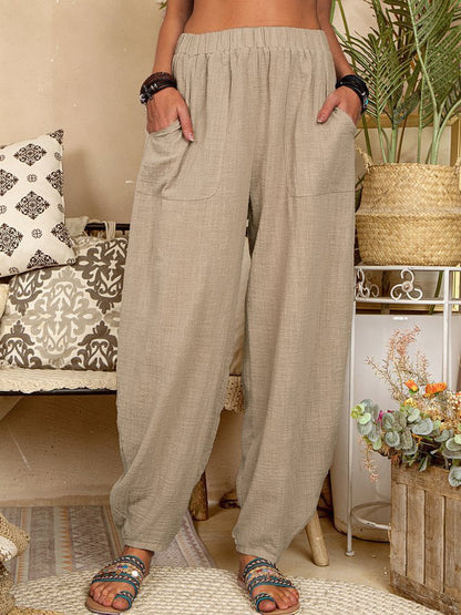 Women Fashion Casual Cotton Linen Solid Color Loose Harem Pants
