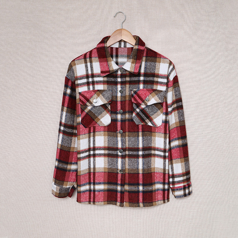 Abrigo informal con solapa y estampado a cuadros para mujer, otoño e invierno