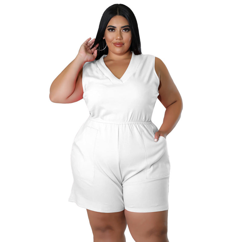 Plus Size Women V-Neck Solid Color Sleeveless Pockets Casual Waist Rompers