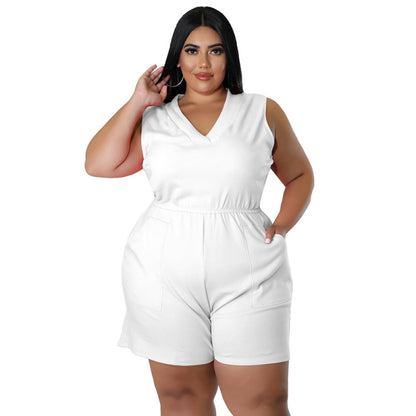Plus Size Women V-Neck Solid Color Sleeveless Pockets Casual Waist Rompers