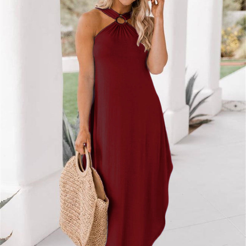 Spring And Summer Strapless Casual Comfortable Halter Neck Long Pocket Dress