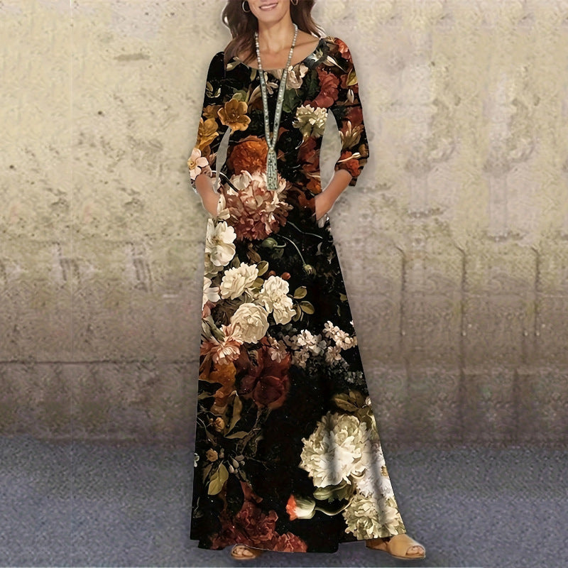 Vestido largo informal de manga larga con estampado floral para mujer