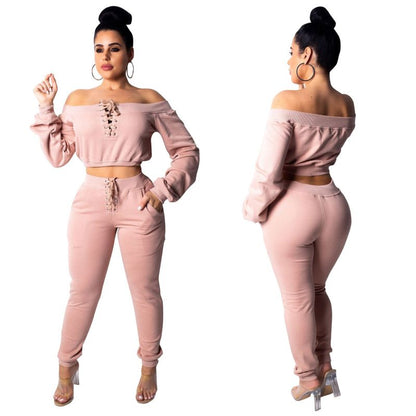 Conjunto de dos piezas para mujer, de color liso, manga larga, hombros descubiertos, con cordones y pantalones casuales, a la moda.