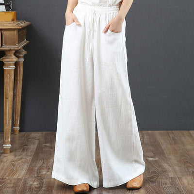 Women Fashion Casual Solid Color Cotton Linen High Waist Wide Leg Pants