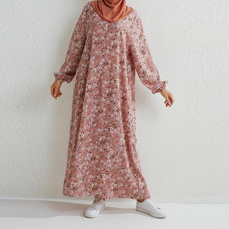 Women Casual Summer Vacation Tiny Flower Zipper Pullover Loose Fashion Pocket Maxi Dress