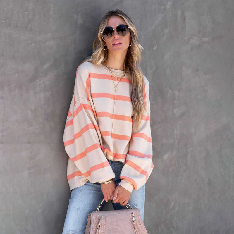 Autumn And Winter Fashion Stripe Print Long-Sleeved Casual Loose Top