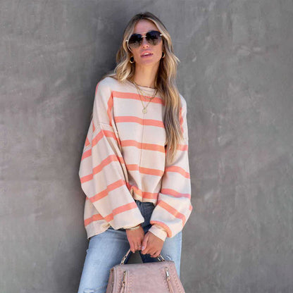 Autumn And Winter Fashion Stripe Print Long-Sleeved Casual Loose Top