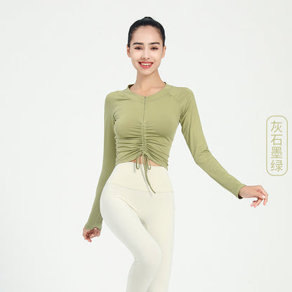 Women Casual Loose Solid Color Round Neck Long Sleeve Drawstring Sports Top