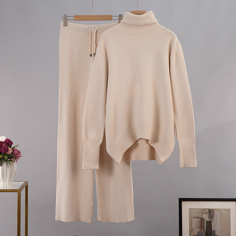 Suéter de punto de cuello alto de color liso para mujer, conjunto de dos piezas con pantalones anchos informales para otoño e invierno