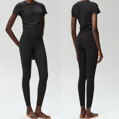 Conjunto de dos piezas para mujer, camiseta de manga corta con cuello redondo, pantalones deportivos ajustados para correr