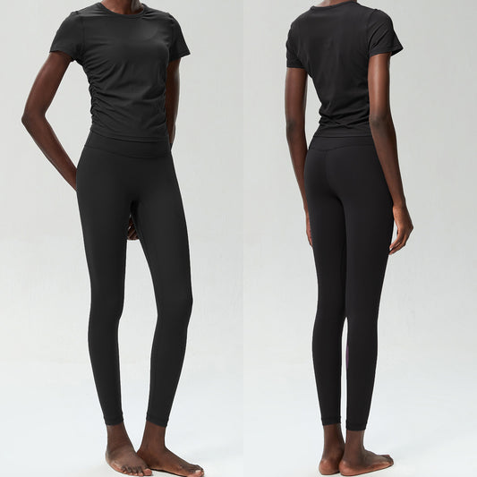 Conjunto de dos piezas para mujer, camiseta de manga corta con cuello redondo, pantalones deportivos ajustados para correr