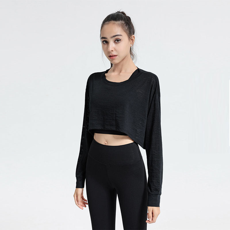 Top deportivo corto informal, holgado, transpirable, de color sólido y manga larga para mujer