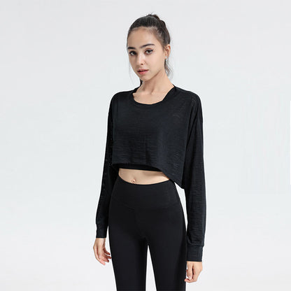 Top deportivo corto informal, holgado, transpirable, de color sólido y manga larga para mujer