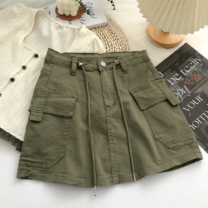 Women Fashion Casual Solid Color Drawstring Waist Denim Skirt