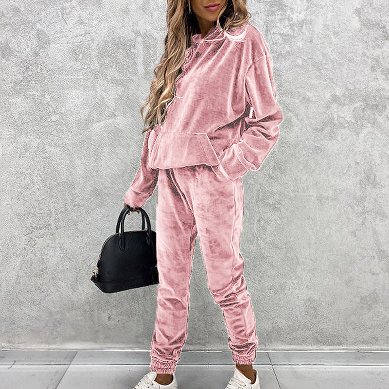 Conjunto de dos piezas informal holgado con capucha y pantalones de manga larga de color liso para mujer