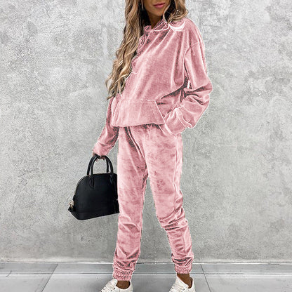 Conjunto de dos piezas informal holgado con capucha y pantalones de manga larga de color liso para mujer