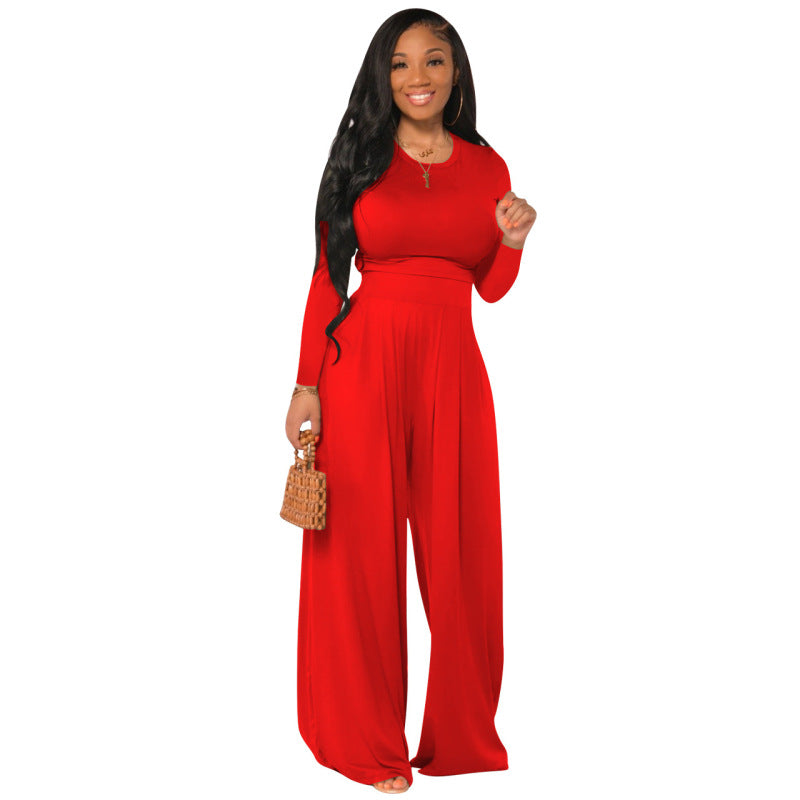 Conjunto de dos piezas de top de manga larga y pierna ancha informal de color liso para mujer