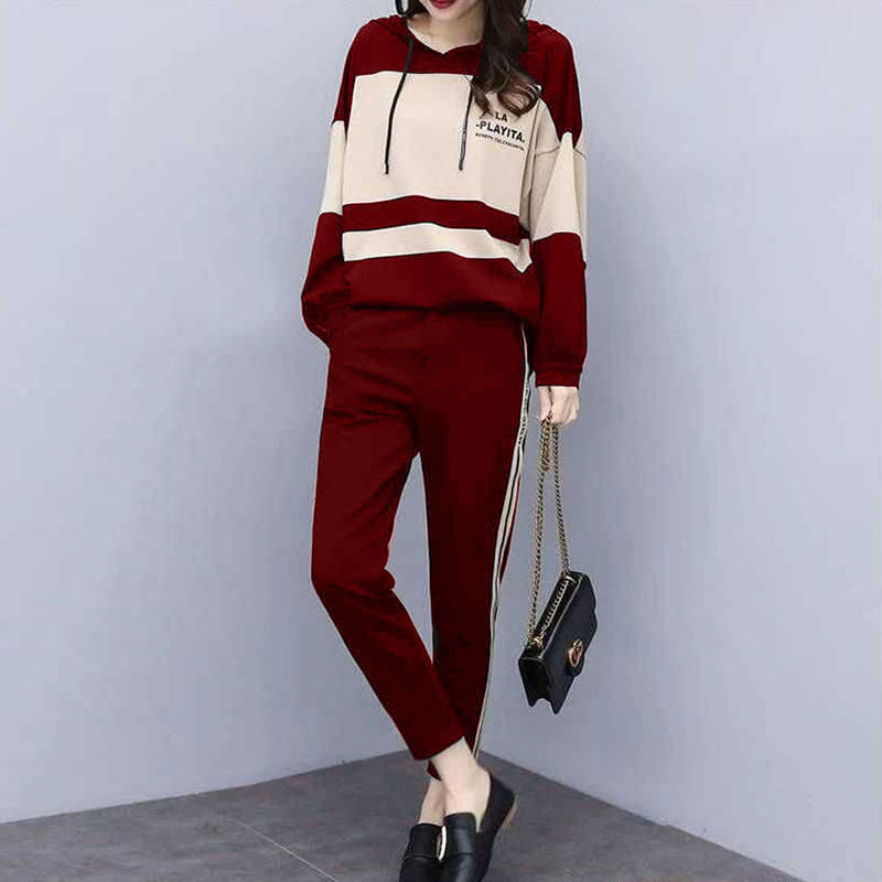 Women Fashion Casual Loose Color Blocking Drawstring Hoodies Slim-Fit Pants 2pcs Set