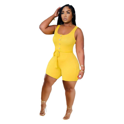 Women Solid Color Splicing Casual Sleeveless Belt Rompers