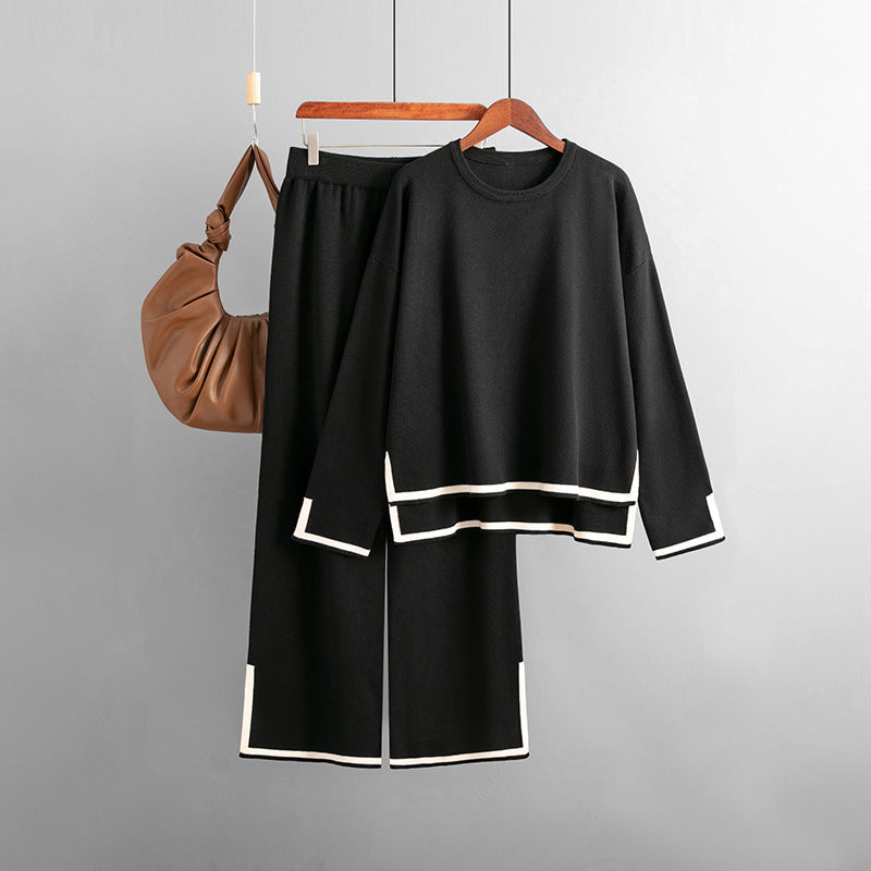 Conjunto de dos piezas de pantalón ancho de punto de manga larga con abertura en contraste para mujer, informal, para otoño e invierno