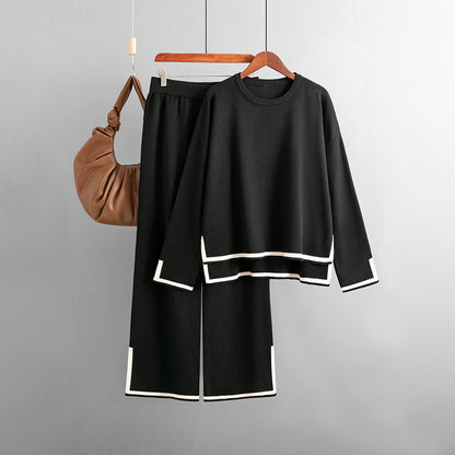 Conjunto de dos piezas de pantalón ancho de punto de manga larga con abertura en contraste para mujer, informal, para otoño e invierno
