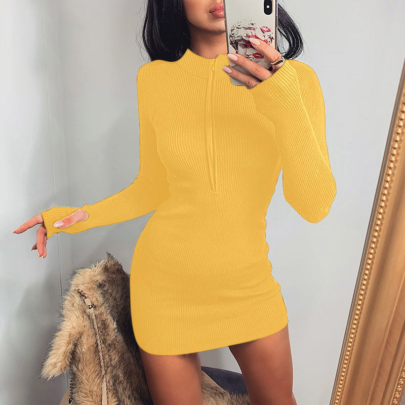 Women'S Fashion Casual Rib-Knit Zipper Slim-Fit Long Sleeve Dress