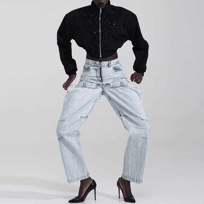 Women Fashion Casual Stitching Straight Leg Jeans