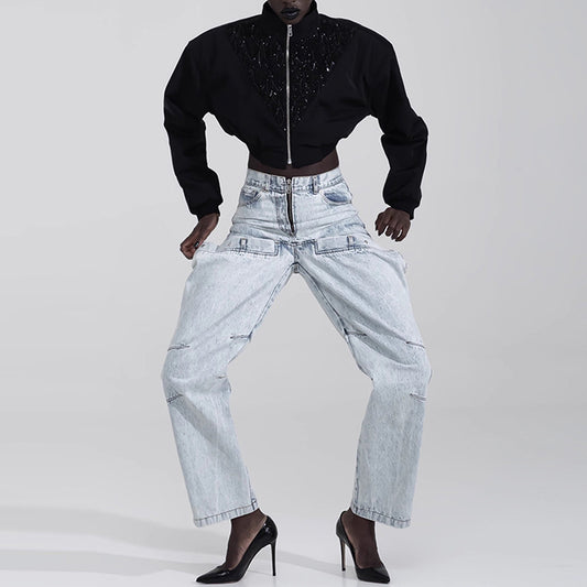 Women Fashion Casual Stitching Straight Leg Jeans