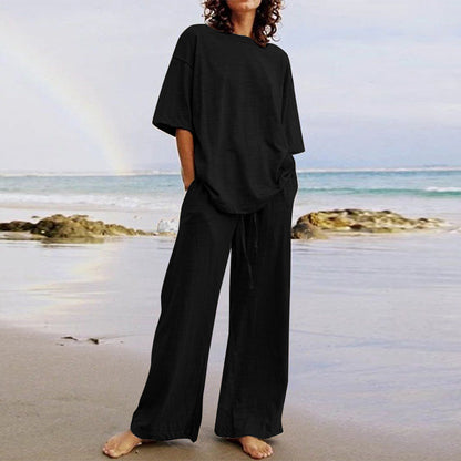 Women Fashion Casual Plus Size Solid Color Round Neck Short Sleeve Top Drawstring Wide Leg Pants Two-Piece Set