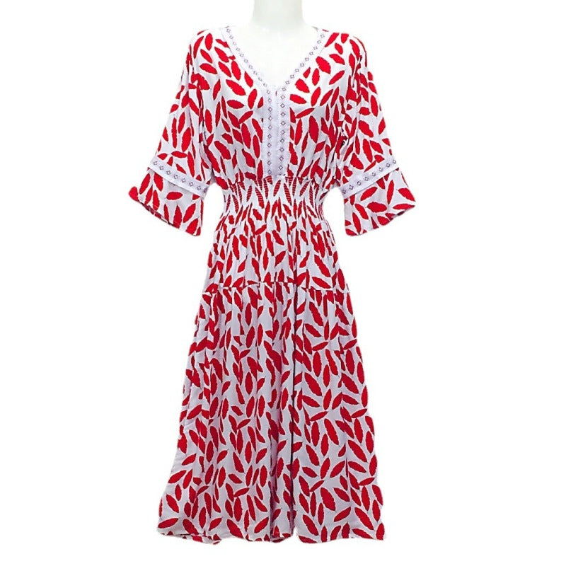 Vestido midi holgado informal de verano con cuello en V y mangas acampanadas para mujer