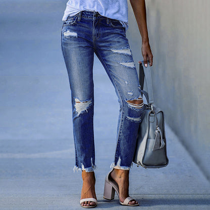 Vaqueros ajustados, elásticos, de cintura media, rasgados e informales para mujer