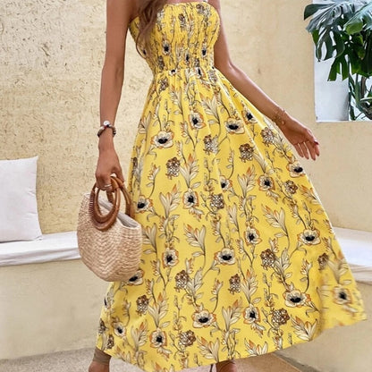Vestido largo informal con cintura elástica definida y estampado floral para vacaciones de verano para mujer