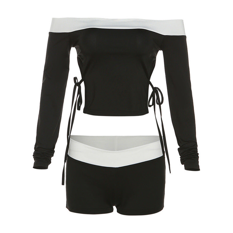 Conjunto de top corto con cordones y hombros descubiertos con bloques de color para mujer