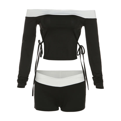Conjunto de top corto con cordones y hombros descubiertos con bloques de color para mujer