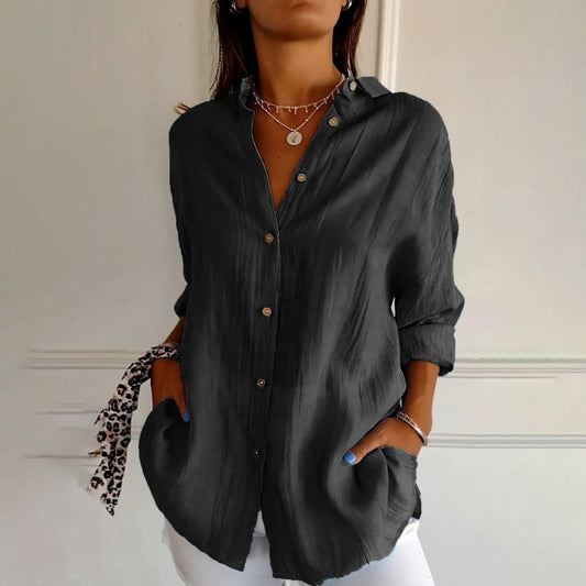 Camisa informal de manga larga con botones y solapa de color liso para mujer de verano