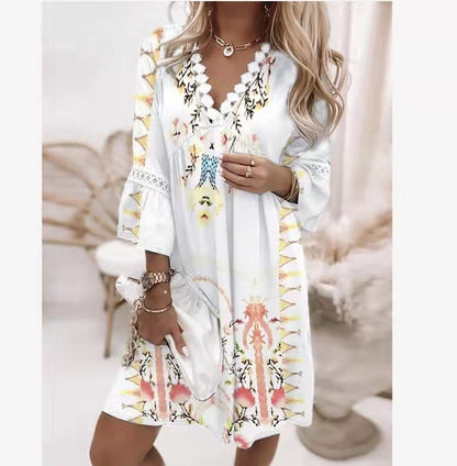 Women Elegant Bohemian V-Neck Floral Printed Lace Patchwork Casual Dress