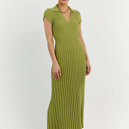 Women Elegant Casual Defined Waist Lapel V-Neck Solid Color Knitted Long Dress