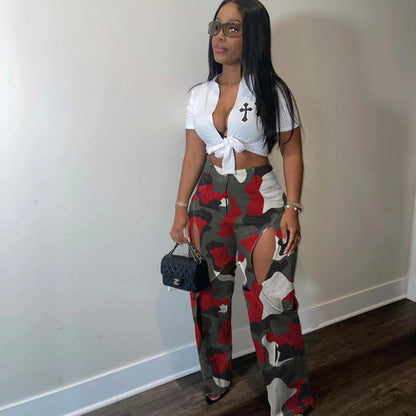 Women Fashion Casual Printed Cut Out Defined Waist Pants