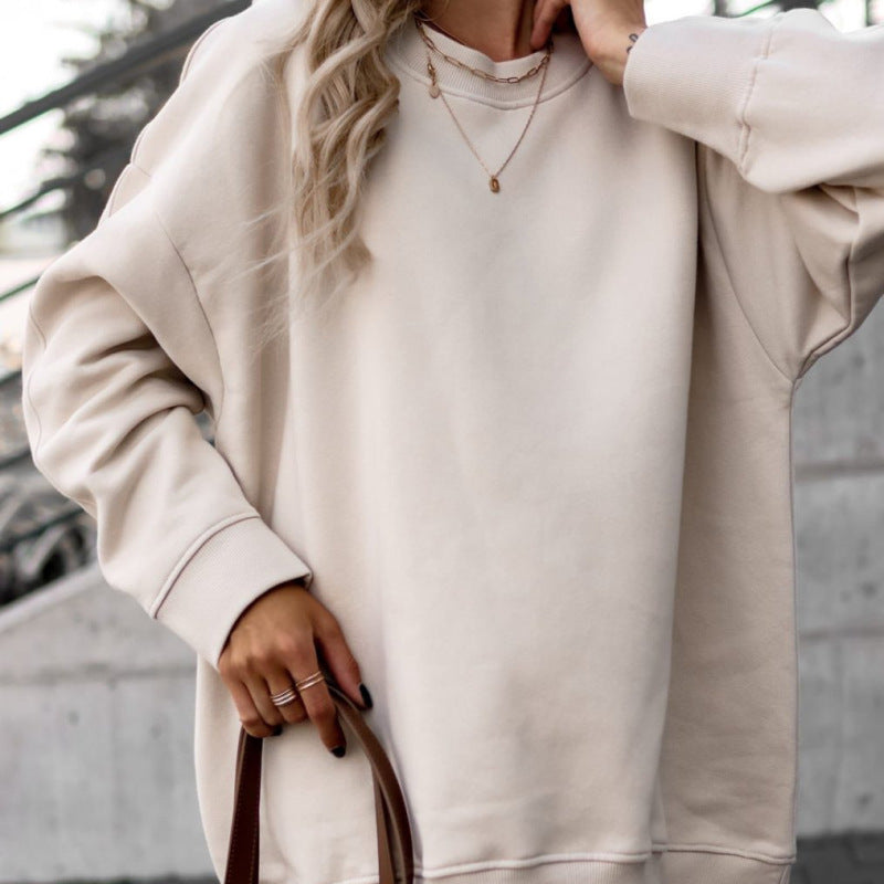 Conjunto informal de dos piezas con top y pantalón holgados de manga larga y cuello redondo de color liso para mujer