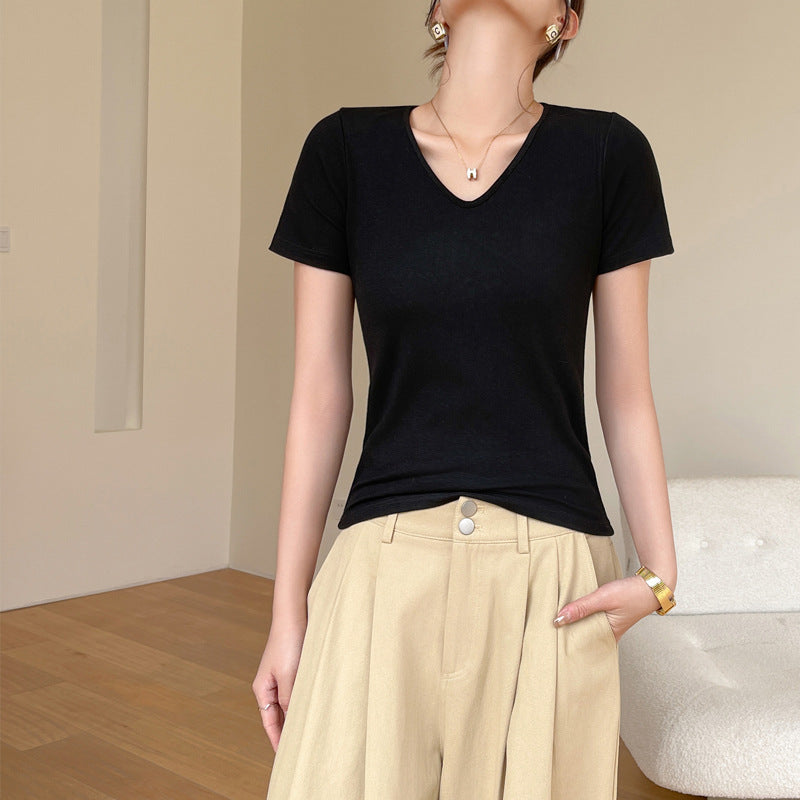 Camiseta básica de verano para mujer, informal, de color liso, con cuello en V y manga corta