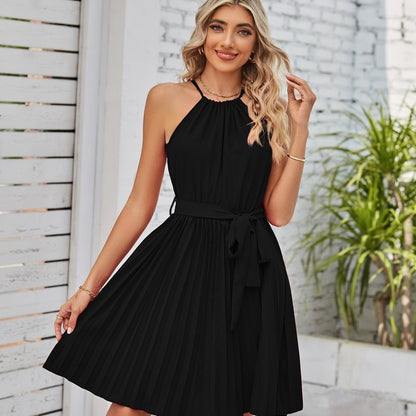 Women Casual Elegant Style Chiffon Halter Neck Lace-Up Sleeveless Pleated Dress