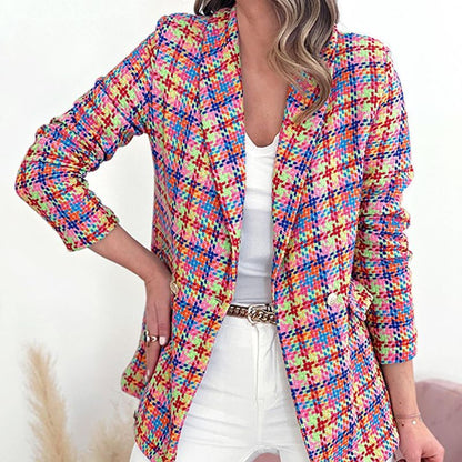 Autumn Winter Women Fashion Casual Plaid Long Sleeve Pocket Printed Double-Breasted Suit Jacket Blazers