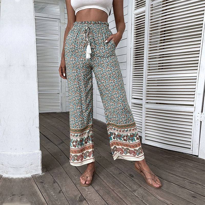 Women Vacation Casual Printed Pants Bohemian Wide Leg Pants